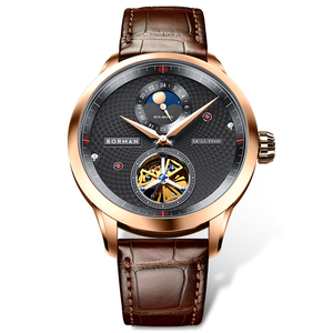 Reloj de cuero resistente al agua para hombre BORMAN, esfera negra, esqueleto de Color, mecánico automático, pantalla de 24 horas con esfera de puntero - Product Image 1