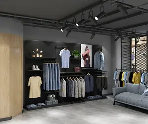 Estante de ropa negro de metal con logotipo personalizado de diseño interior de tienda de hombre, soporte de exhibición de ropa de traje de hombre, estante de exhibición de ropa al por menor