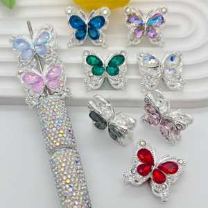 Cuentas de agujero recto de mariposa de cristal de doble cara, cuentas de pluma DIY con incrustaciones de diamantes de aleación pesada para componentes de accesorios de joyería - Product Image 3