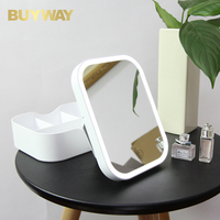 Miroir de maquillage LED de bureau avec boîte de rangement, alimentation 4 piles AAA/Type-C, lumière tactile 3 couleurs, grossissement 1X, miroir de maquillage avec rangement