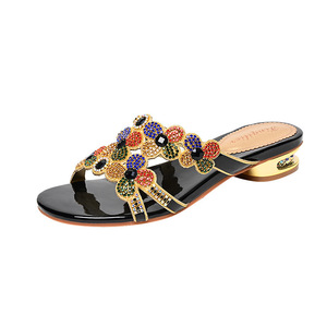 Sandales à talon bas de 3 cm Xuanhui Magnificent Posh Radiant Flower Rhinestone Crystal Open Toe Slide Microfiber Leather pour femmes - Product Image 6