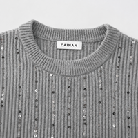 Pull en maille gris pointelle pour femme, manches longues, col rond, marque privée, vente en gros