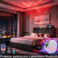 PU-Lederbettgestell mit Knopfheftung und 4 Rollschubladen, RGB-Bluetooth-LED-Kopfteil mit integriertem USB-Typ-C-Anschluss