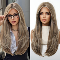 Wig buatan mesin mode selebriti wanita terlaris baru, gaya Korea sehari-hari, rambut lurus panjang coklat dingin, wajah manis lembut