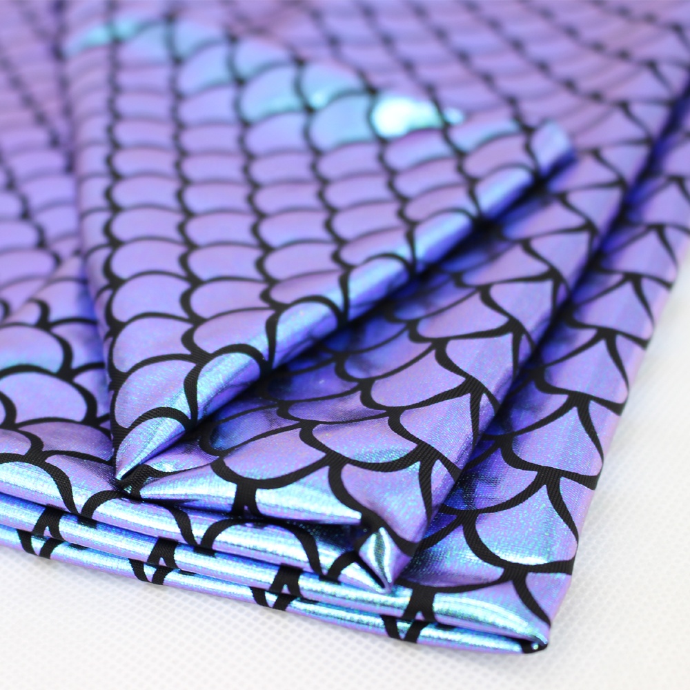 Ламинированная блестящая полиэфирная и спандексовая фольга с принтом, четырехсторонняя тянущаяся рыболовная Ткань, используемая для купальников-русалок