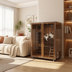 Villa de Lujo Moderna de Madera Maciza para Gatos, Jaula Interior Multicapa con Área de Inodoro Integrada y Puerta de Cristal para Sala de Estar, Venta al por Mayor - Product Image 1