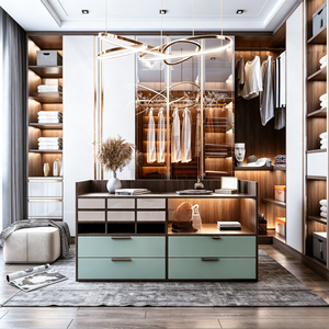 Ensemble de <span class=keywords><strong>dressing</strong></span> BALOM personnalisé bicolore avec console centrale, éclairage LED encastré et armoires en placage de bois - Product Image 1