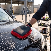 Gant de lavage auto double face en microfibre chenille 3-en-1 Lewell, haute élasticité, coutures durables, pour nettoyage de voiture, rouge
