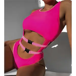 2023 Double Button Pink Monokini Para Mujer Hot Swimsuit Cut Out Swimwear