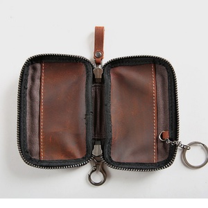 New Arrival Vintage Genuine Crazy Horse Leather Card Holder <b>Pouch</b> Short Zipper Coin Purse with Keychain Open Closure Type - Product Image 2