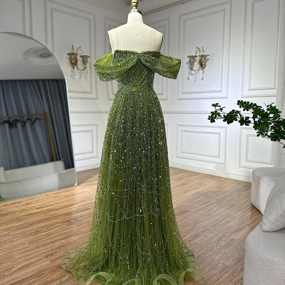 green emerald velvet dress ASHLEYlauren 11598 Off Shoulder Pearl Beaded Gown
