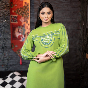 Vestido de Lino Verde Manzana para Mujer, de Alta Calidad, con Cuello Plisado y Bordado - Product Image 2