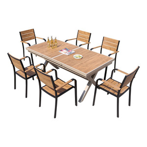 <b>Outdoor</b> <b>Plastic</b> Wood <b>Table</b> Chair Set 6 Seater Extendable Rectangular Modern Design For Garden Patio Cafe Restaurant Use - Product Image 1