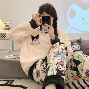 Conjuntos de ropa de dormir 2025 Otoño Invierno pijamas de franela mujer lindo estudiante de dibujos animados <span class=keywords><strong>pijama</strong></span> de cuello redondo <span class=keywords><strong>traje</strong></span> de lana Coral - Product Image 4