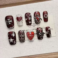 Faux ongles à presser en gros, faits à la main, rouges, style western, forme amande, en acrylique