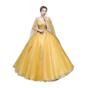 Yellow V-neck Empire Waist Floral Print Evening Gown Women Long Formal Dress For Performance And Events - Product Image 5
