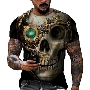 T-shirt da uomo personalizzata a vestibilità regolare, girocollo, stile punk rock, a maniche corte, con stampa digitale grafica teschio, casual elegante e compressa - Product Image 1