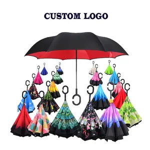 Hands Free C Handle Double Layer Upside Down Reversible Inversion Reverse Inverted Umbrella Reversible Umbrella With C Handle