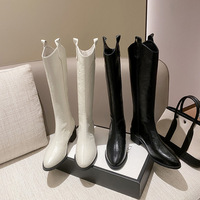 Bottes d'équitation d'hiver en cuir véritable à bout pointu, talon épais, montantes jusqu'au genou, avec fermeture éclair
