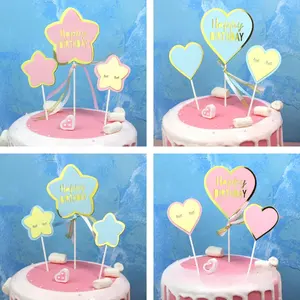 2024 New Happy Birthday Paper Cake Topper Set Gold And Silver Color Macaron Color Party Cake Double Plate Set