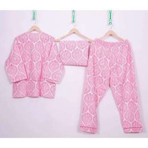 Pink Floral Woven Cotton Women Elastic Waist Hand Block Printed Breathable Casual Lightweight PJ Set Night <b>Suit</b> Autumn Dress - Product Image 4