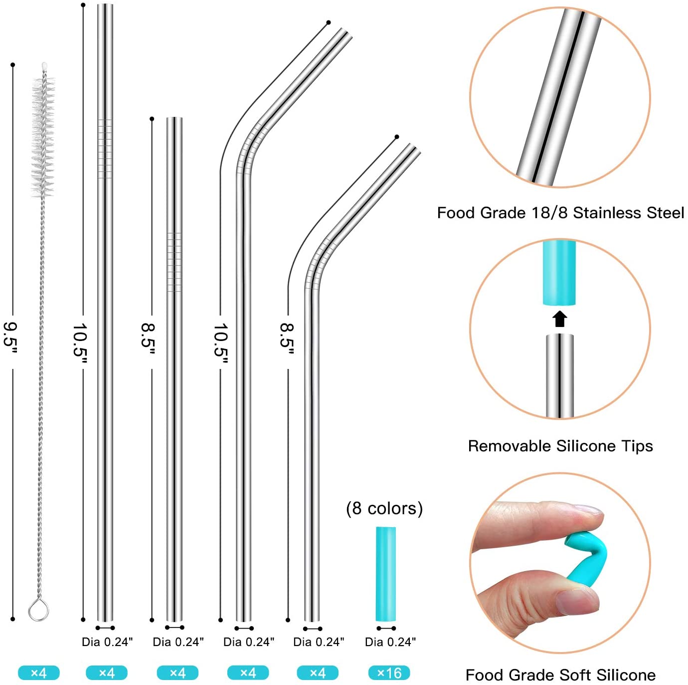 Reusable stainless Steel Straws with Travel Case Cleaning Brush Silicone Tips Eco Friendly Extra Long Metal Straws Drinking