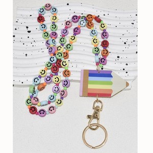 2025 Boho Handmade Colorful Acrylic Smile Beaded Keychain Notebook Lanyard Other Lanyards for Teacher Gifts Featuring Pink