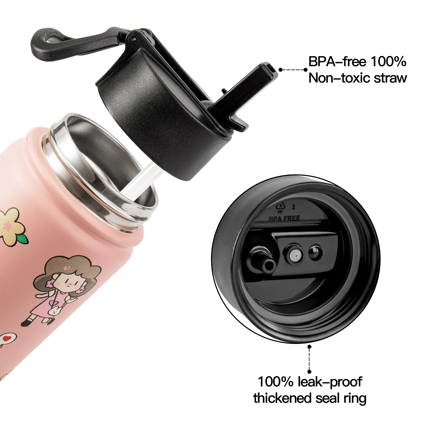 Preço por atacado Fancy Reusable Bpa Free School Pink Metal Double Wall Stainless Steel Children Kids Water Bottle For Girls