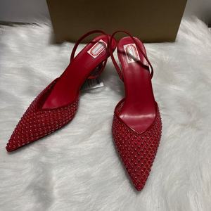 2026 Summer Fashionable Red Mesh Beads High Heels Korean Style Pointed Toe <b>Half</b>-<b>Slip</b> <b>Slip</b>-On Versatile Outdoor Height Increasing - Product Image 3