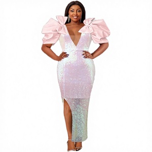V Neck Ball Gown Bodycon Women's Wedding Evening Dress with Ruffles Patchwork Breathable Fabric Pink Glitter <b>Sequin</b> and Slit - Product Image 3