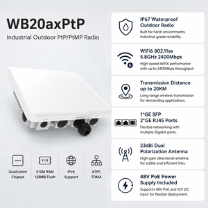 FibraLider WB20axPtP อุปกรณ์กระจายสัญญาณไร้สายภายนอกอาคารแบบ PtP มาตรฐาน IP67 WiFi6 5.8GHz 2400Mbps ระยะ 20 กม. เสาอากาศแบบ Dual Polarization 23dBi 1*SFP+2*Gigabit - Product Image 1