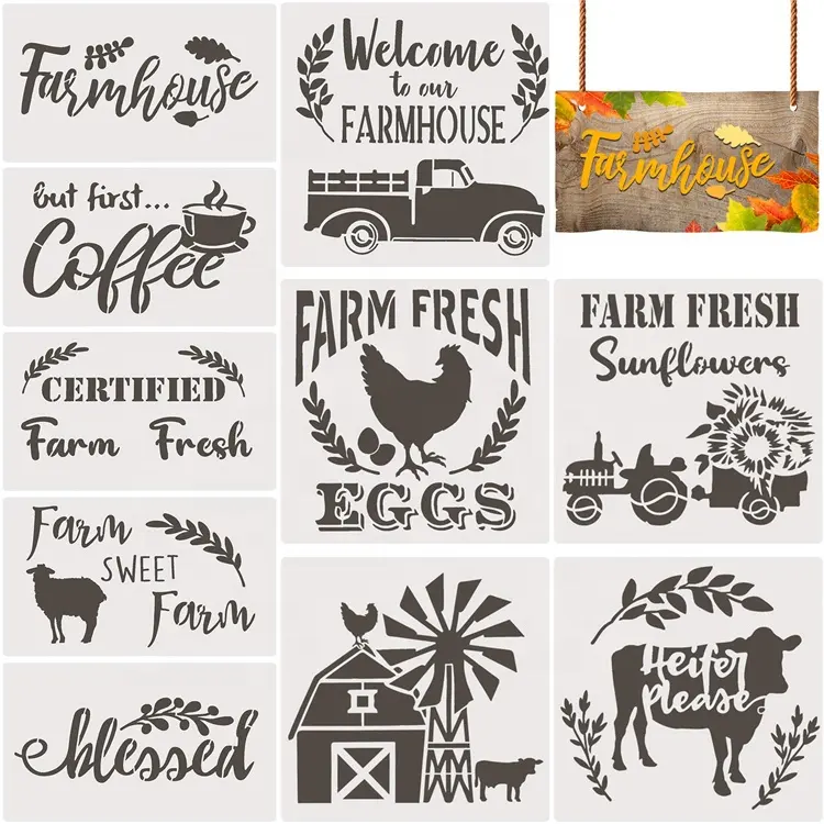 Juego de plantillas de nuevo diseño personalizado para decoración de granja, plantillas para pintura en madera, animales, vaca, pollo, gratis