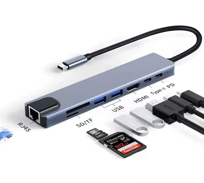 Adaptador Usb 8 en 1 tipo C a 4K Hdmi con lector de tarjetas Sd Tf Rj45 Pd carga rápida 7/8 puertos USB C divisor hub para teléfono portátil