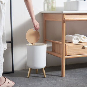 Round Plastic Kitchen Office Car Press Nordic Trash Bin Ins High-foot Imitating Wood Grain Waste Bins Trash Can with Lid