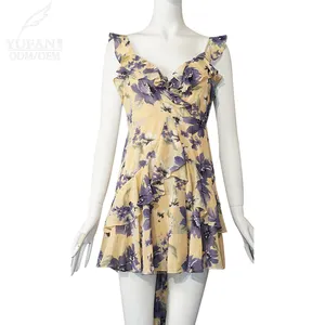 Yufan Custom Chiffon Bloemen Mini Jurk Zomer Dames Print Casual Rok V-Hals Vrouwen Kleding