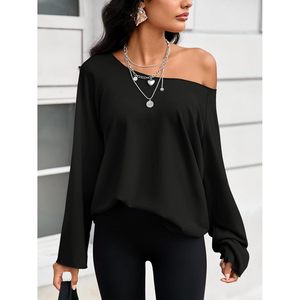 Sweat-shirt à épaules dénudées pour femmes, manches longues, coupe ample, tunique noire, tenue décontractée pour tous les jours - Product Image 4