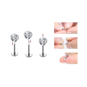 Titanium draadloze push-pin zirkoon bezel set labret oorringen met platte achterkant 16G hypoallergeen - Product Image 6