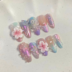 901-905 Faux Ongles à Presser Semi-Artisanaux en Acrylique, 24 Pièces, Design Amande, Pointes Longues Carrées, Modèle Tendance, Gravure Florale Personnalisée - Product Image 1