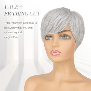 Peluca Sintética Pixie Cut de <span class=keywords><strong>Color</strong></span> Raro, Gris <span class=keywords><strong>Platino</strong></span>, Corte Corto con Flequillo, Sin Pegamento, Ondulada en Capas, Gris Abuela, para Mujeres y Hombres - Product Image 2