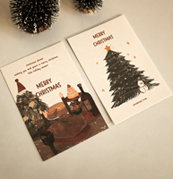 Cartes postales de Noël rustiques vintage personnalisées avec logo peint à la main, cartes de vœux en papier de coton en petite série pour fête de Noël, motif arbre de Noël