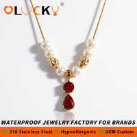 Collier pendentif en forme de goutte de rubis perlé en acier inoxydable plaqué or 18 carats résistant à l'eau LUCKYJIU pour femmes