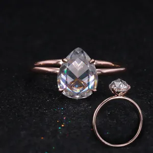 AU585 14k Rose Gold 10*8mm Pear Shape Single Rose Cut Moissanite Diamond Ring