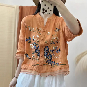 Orange Cotton Linen Short Sleeve Shirt With Embroidery Chinoiserie Pattern Loose Fit Women's Blouse Everyday Wear - Product Image 1