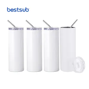 BestSub Sublimation Heat Transfer 600ml insulated Double Walled Stainless Steel Mugs Blank Straight Skinny Tumbler With Straw