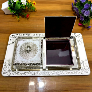 Nirmala Handicraft – Coffret de luxe en argent allemand pour fruits secs, plateau carré, émail blanc, décor nature morte en relief, boîte à bonbons décorative - Product Image 1