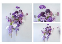 Composition florale murale et de sol moderne en soie violette, centres de table de mariage, décorations de table, fond de photographie, longue