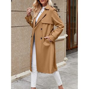 Women's Double Breasted Trench Coat Long Lapel <b>Pocketed</b> Windproof Overcoat With <b>Belt</b> Casual Autumn Wear - Product Image 4
