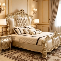 Lit en bois de luxe haut de gamme, classique victorien, avec tête de lit incurvée, pieds en forme de boule, en similicuir de chêne, robuste, pour chambre principale de penthouse