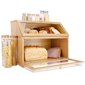 Wooden Bread Box Rectangle Multifunctional Storage <b>Container</b> For Kitchen Household Use With Glass Door And Wooden Lid - Product Image 5