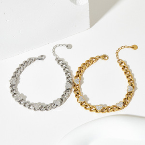 Pulsera de Cadena de Acero Inoxidable Color Dorado con Circonita Verde, Joyería para <span class=keywords><strong>Parejas</strong></span>, Brazalete Impermeable, Pulsera de Corazón a la Moda para Mujer - Product Image 6